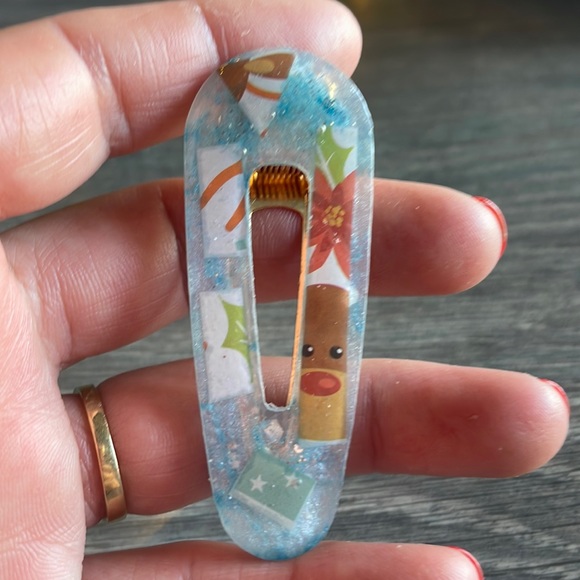 XMAS Handmade Festive Holiday 2 set Alligator Hair Clips Blue Rudolph - Picture 4 of 11